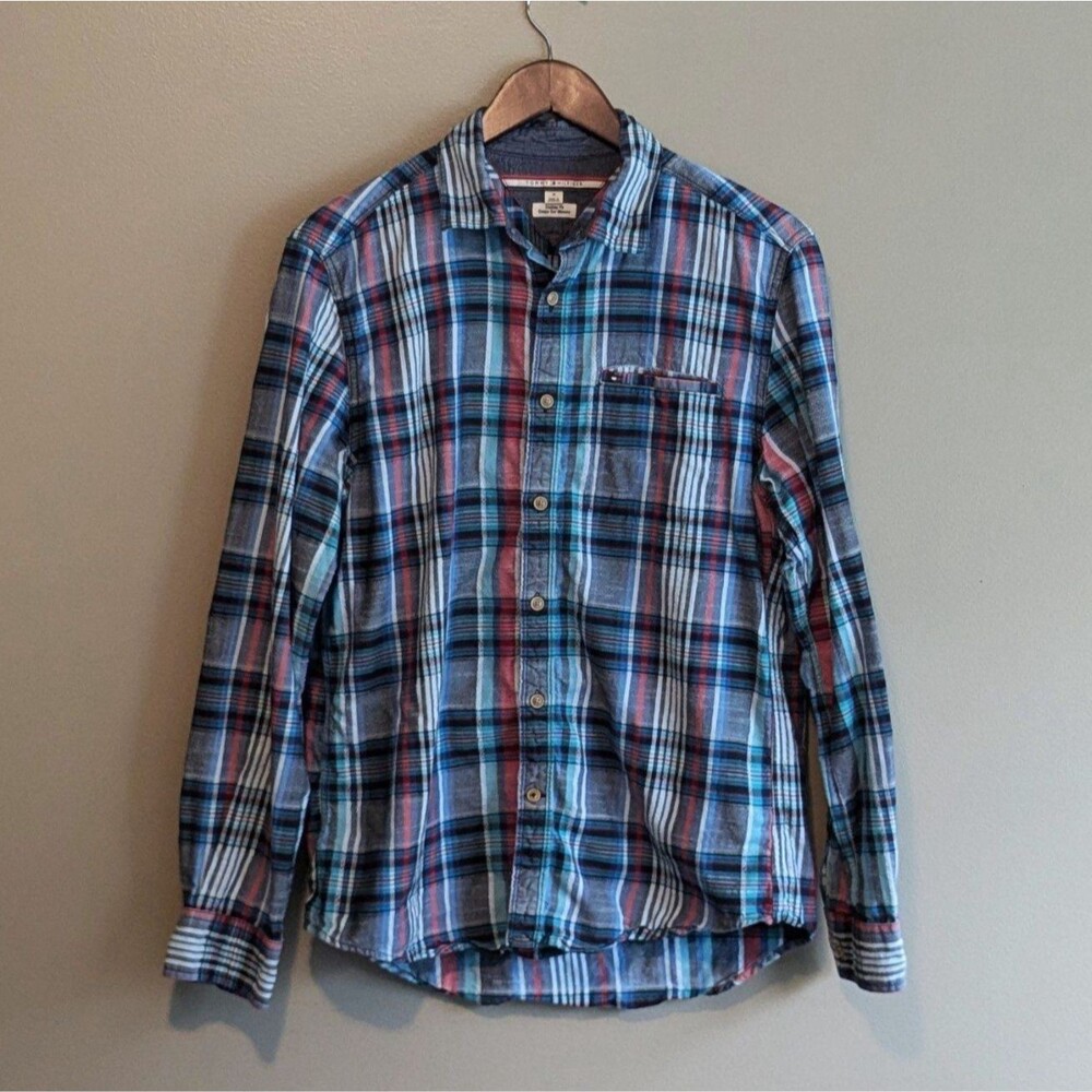 Tommy Hilfiger Medium M Plaid Shirt Blue Custom Fit Button Up LS Cotton